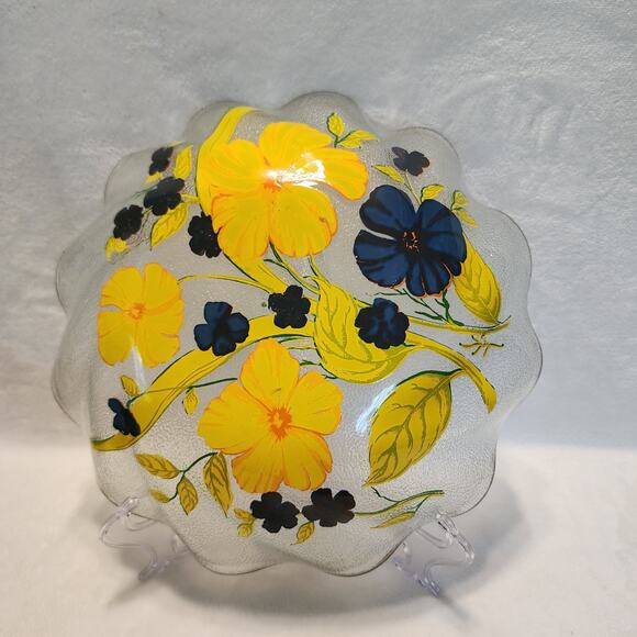 Gorgeous Reverse Painted Vtg. Ruffled Edge Gilt Trimmed Pebbled Bowl Yellow Blue - Picture 5 of 10